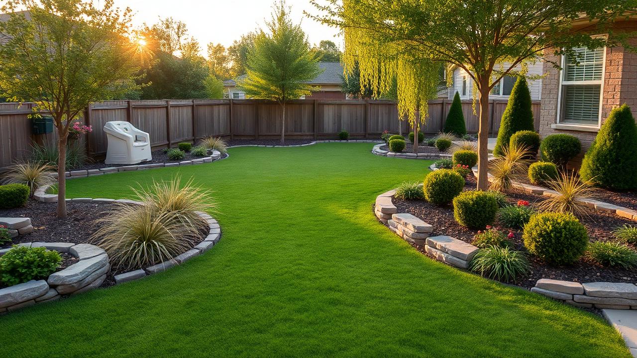 Freshly landscaped backyard with new sod, stone-edged beds, and young trees
