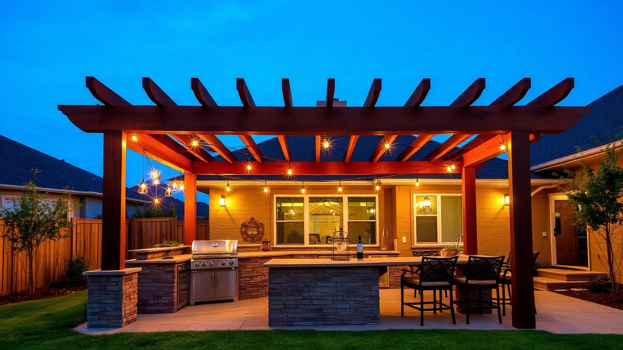 Cedar pergola over an outdoor kitchen with string lights at dusk