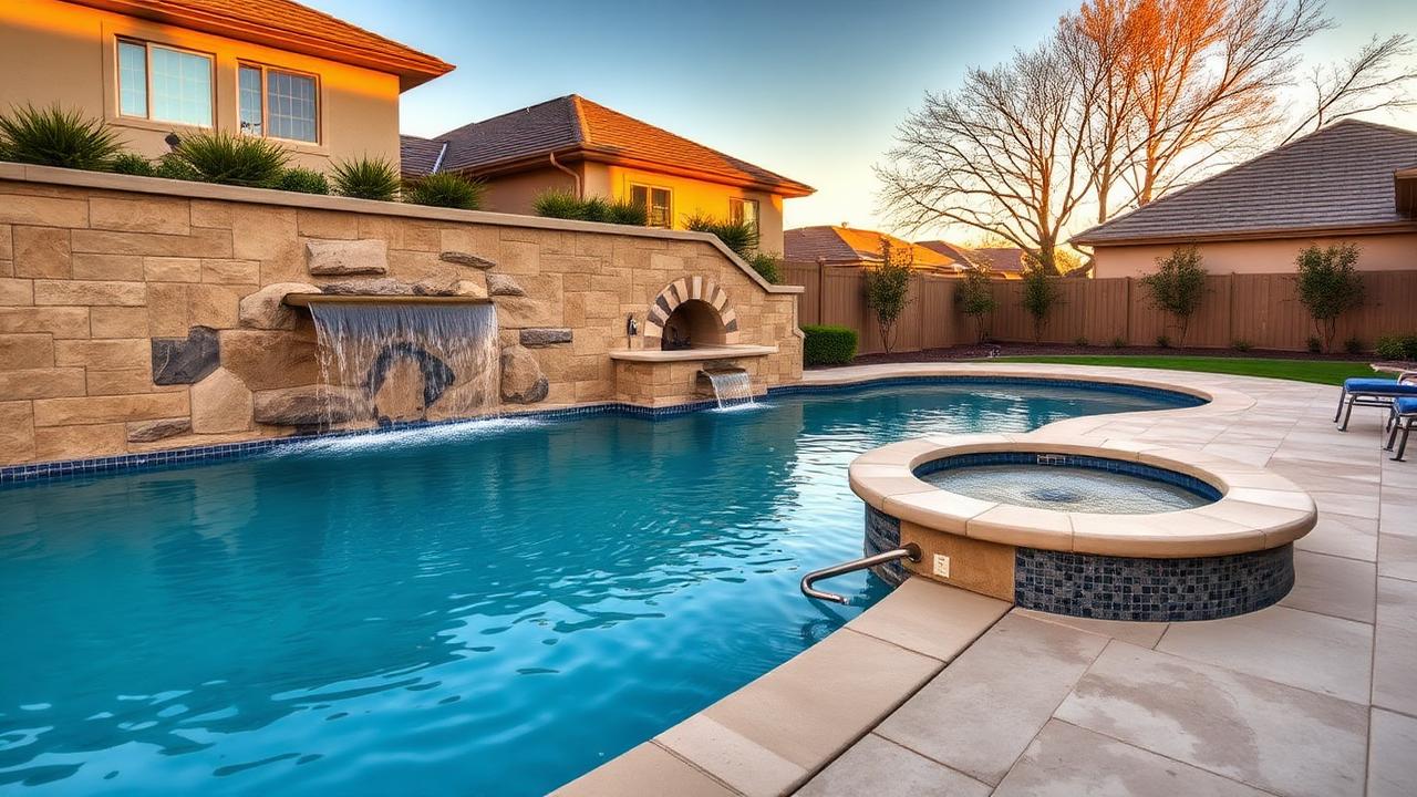 Gunite pool with sheer-descent water feature and spa at golden hour