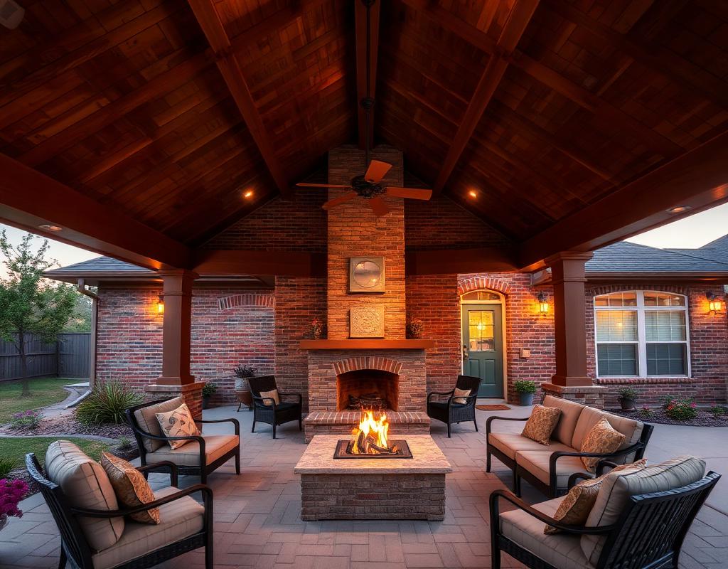 Covered patio with vaulted cedar ceiling and fireplace