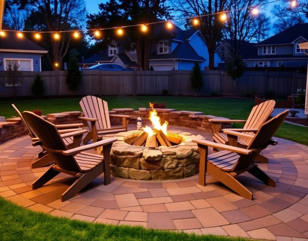 Stone fire pit with adirondack chairs and string lights