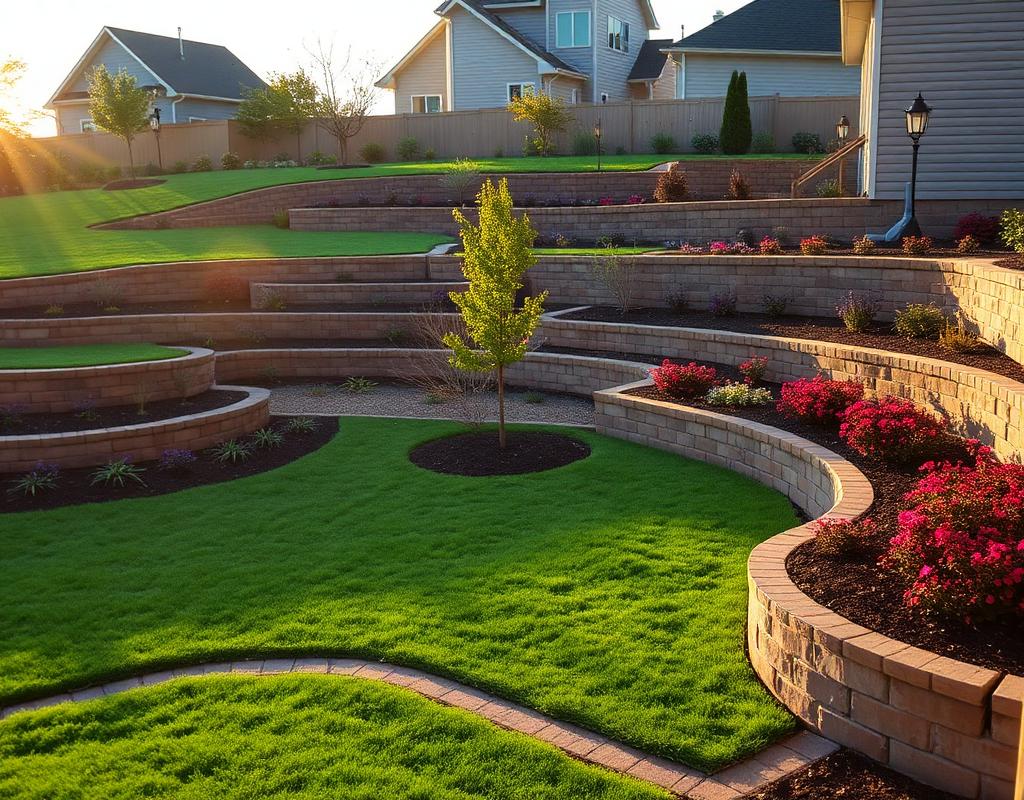 Terraced retaining walls with new sod and planting