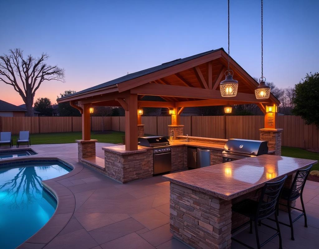 Outdoor kitchen pavilion with bar seating beside pool